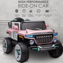 Baby Moo Electric Ride-on Jeep for Kids With Rechargeable 12V Battery, LED Lights, Music and USB Port Remote Control Double Seat - Pink