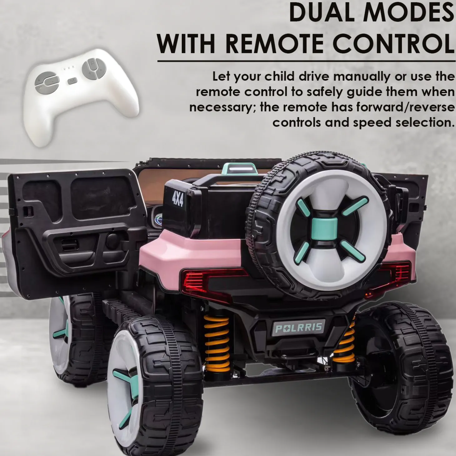 Baby Moo Electric Ride-on Jeep for Kids With Rechargeable 12V Battery, LED Lights, Music and USB Port Remote Control Double Seat - Pink