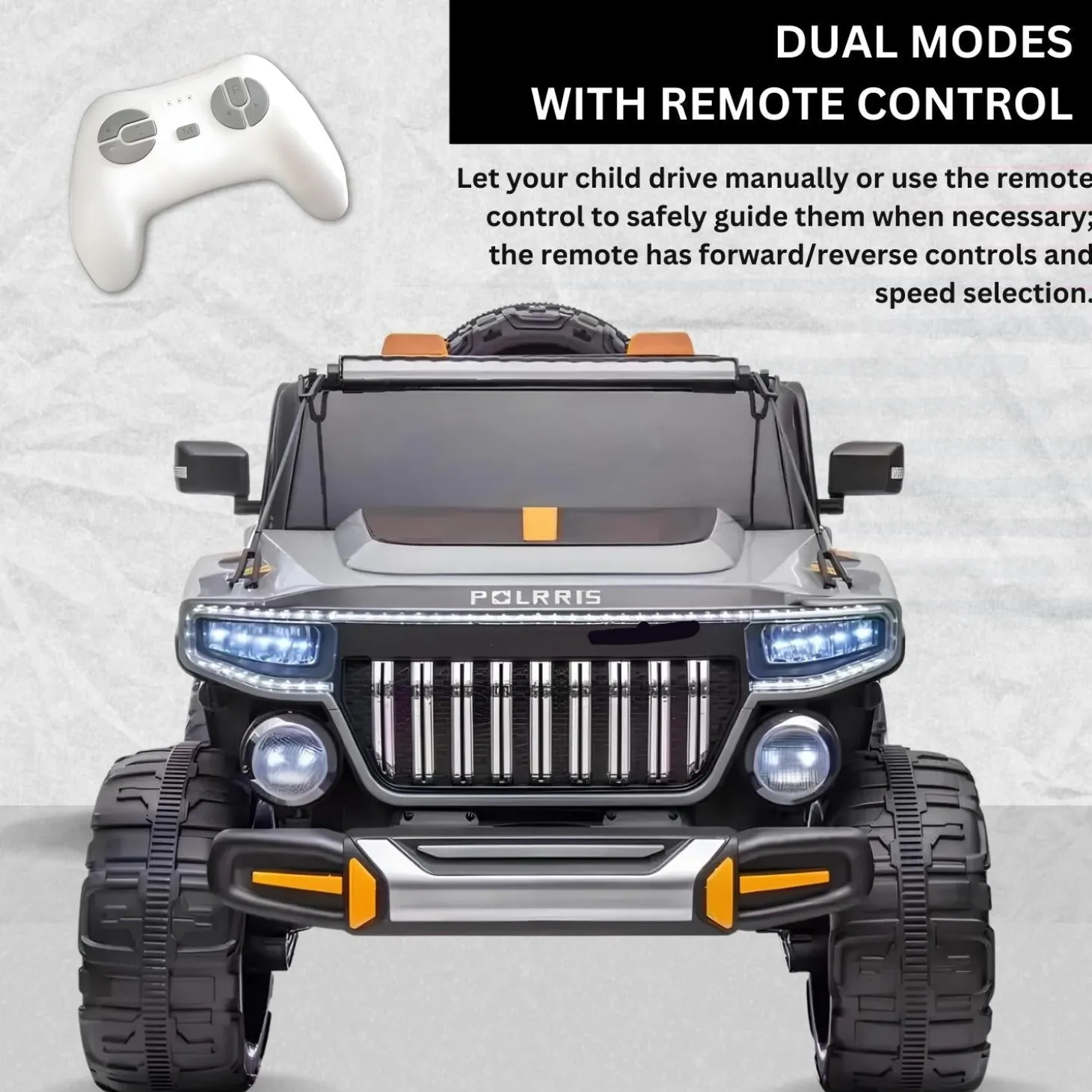 Baby Moo Electric Ride-on Jeep for Kids With Rechargeable 12V Battery, LED Lights, Music and USB Port Remote Control Double Seat - Grey