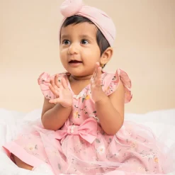 Baby Moo Elegant Pearl And Floral Layered Party Dress - Pink