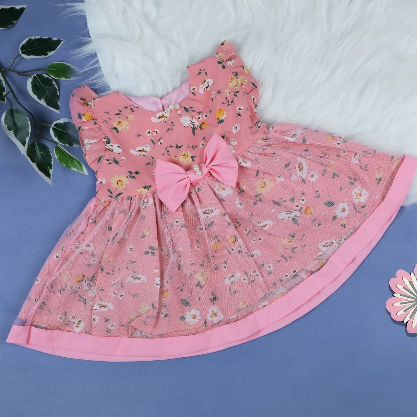 Baby Moo Elegant Pearl And Floral Layered Party Dress - Pink