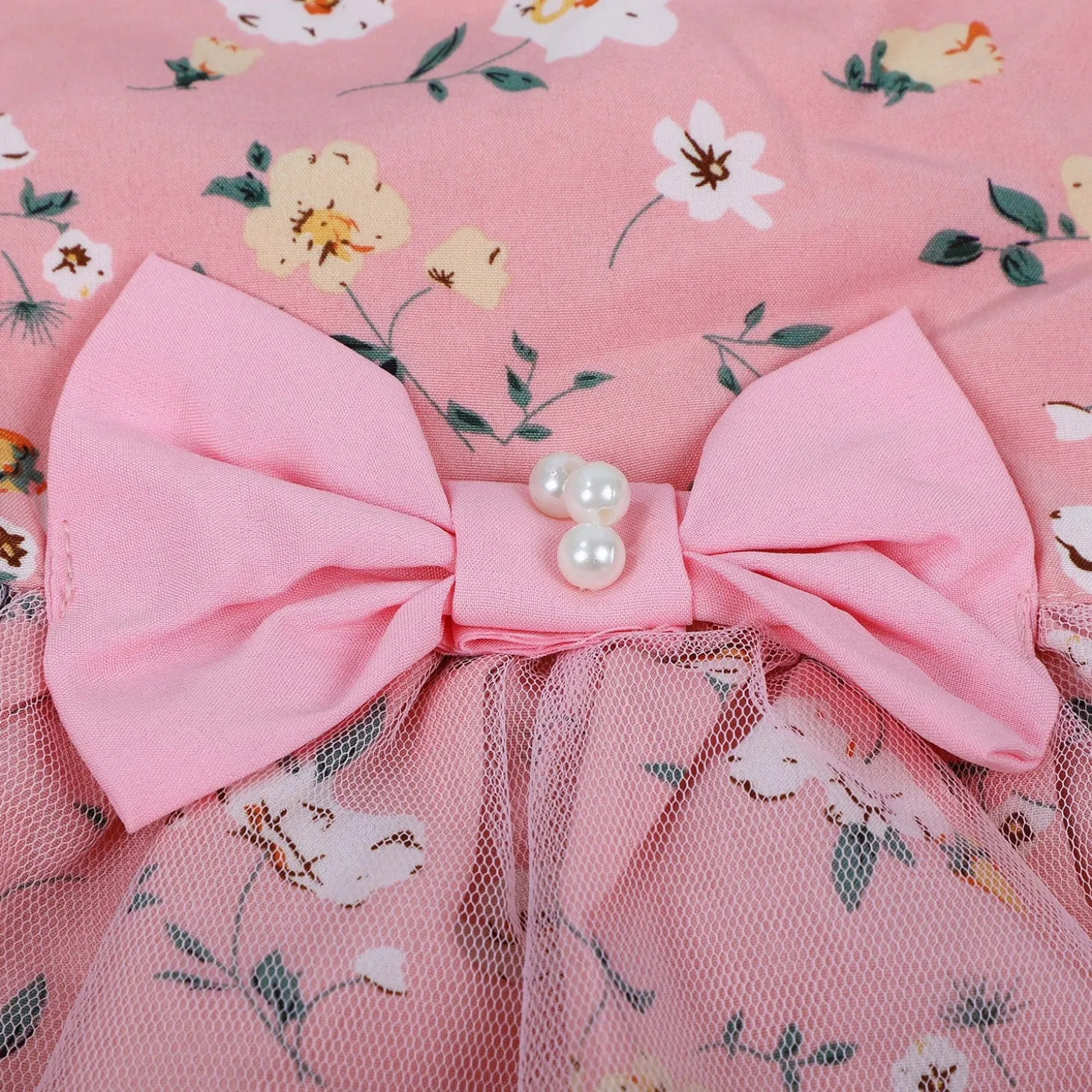 Baby Moo Elegant Pearl And Floral Layered Party Dress - Pink