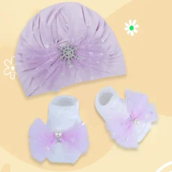 Baby Moo Elegant Pearl Matching Cap And Socks Set - Purple