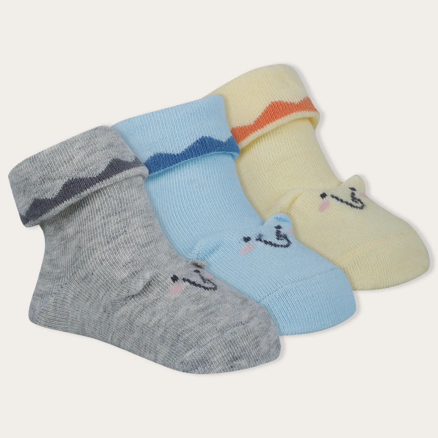 Baby Moo Elephant 3D Anti-Skid Socks Booties Pack of 3 - Blue, Multicolour