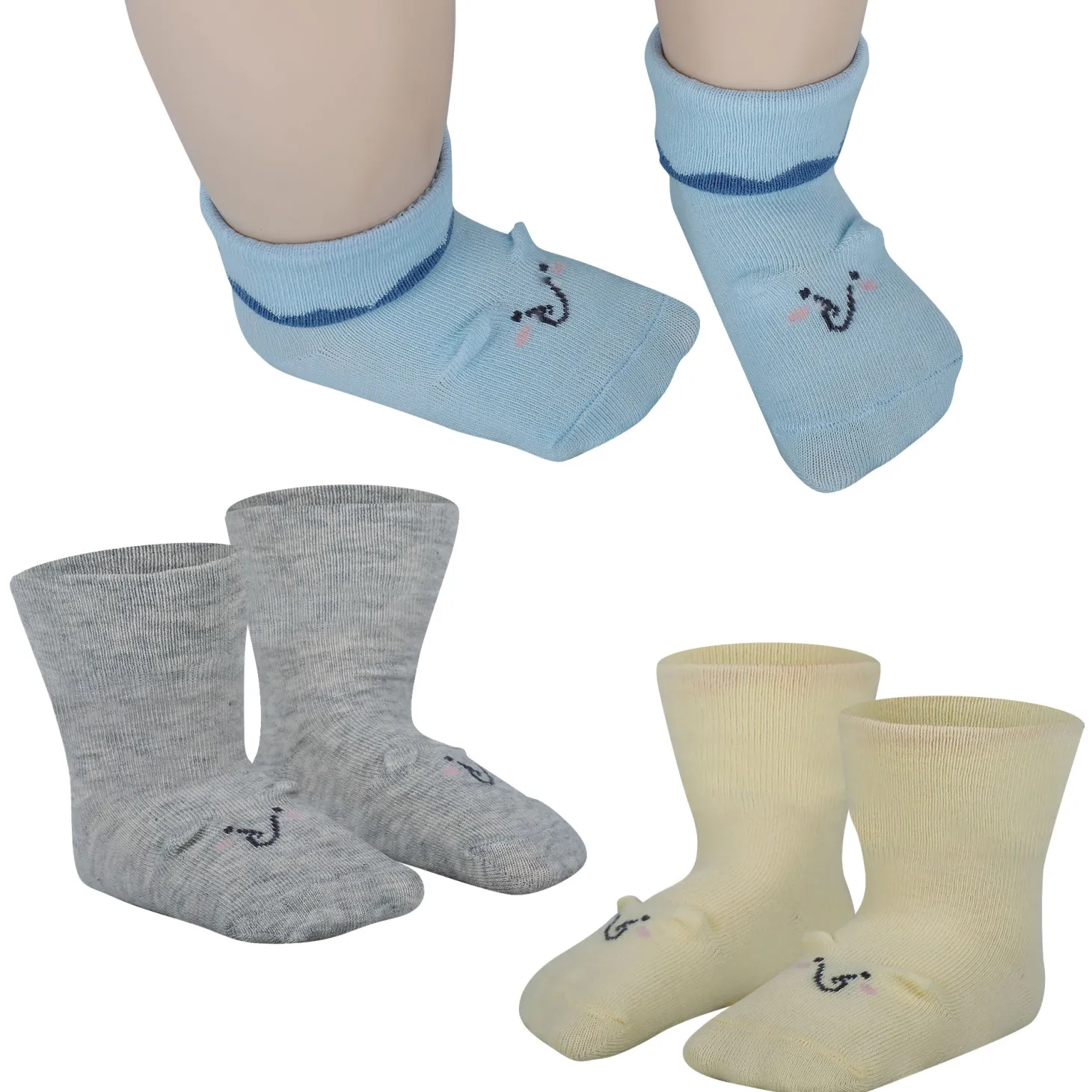 Baby Moo Elephant 3D Anti-Skid Socks Booties Pack of 3 - Blue, Multicolour