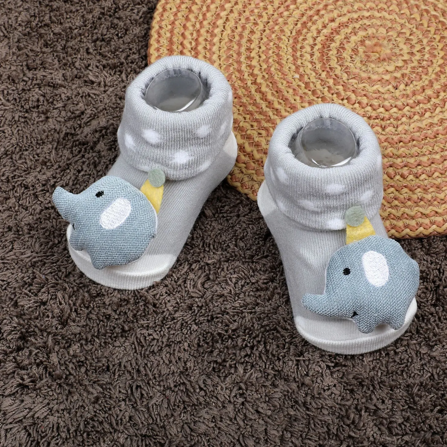 Baby Moo Elephant Explorer Cotton Anti-Skid 3D Socks - Grey