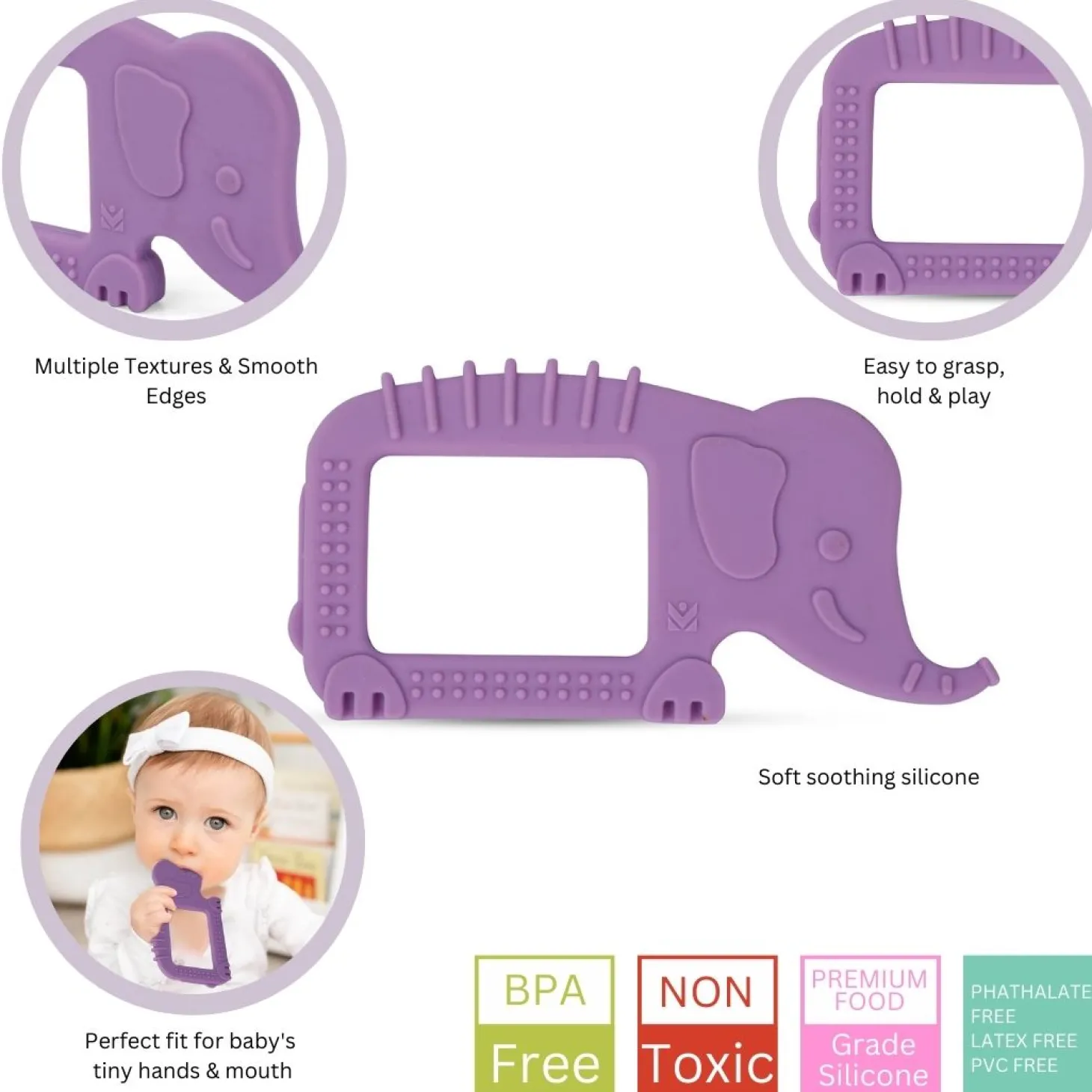 Baby Moo Elephant Soothing Silicon Teether BPA And Toxin Free - Purple