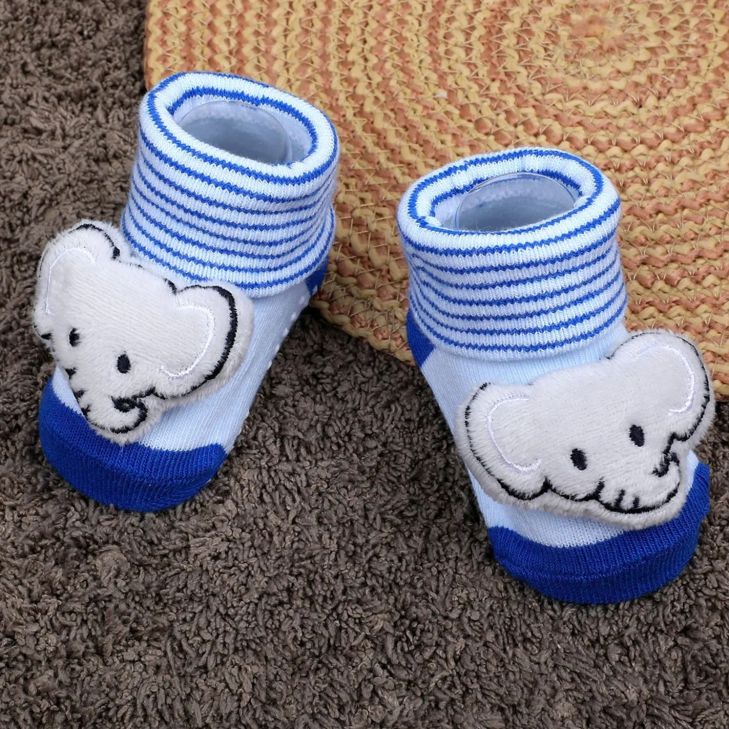 Baby Moo Elephant With Stripes Cotton Anti-Skid 3D Socks - Blue