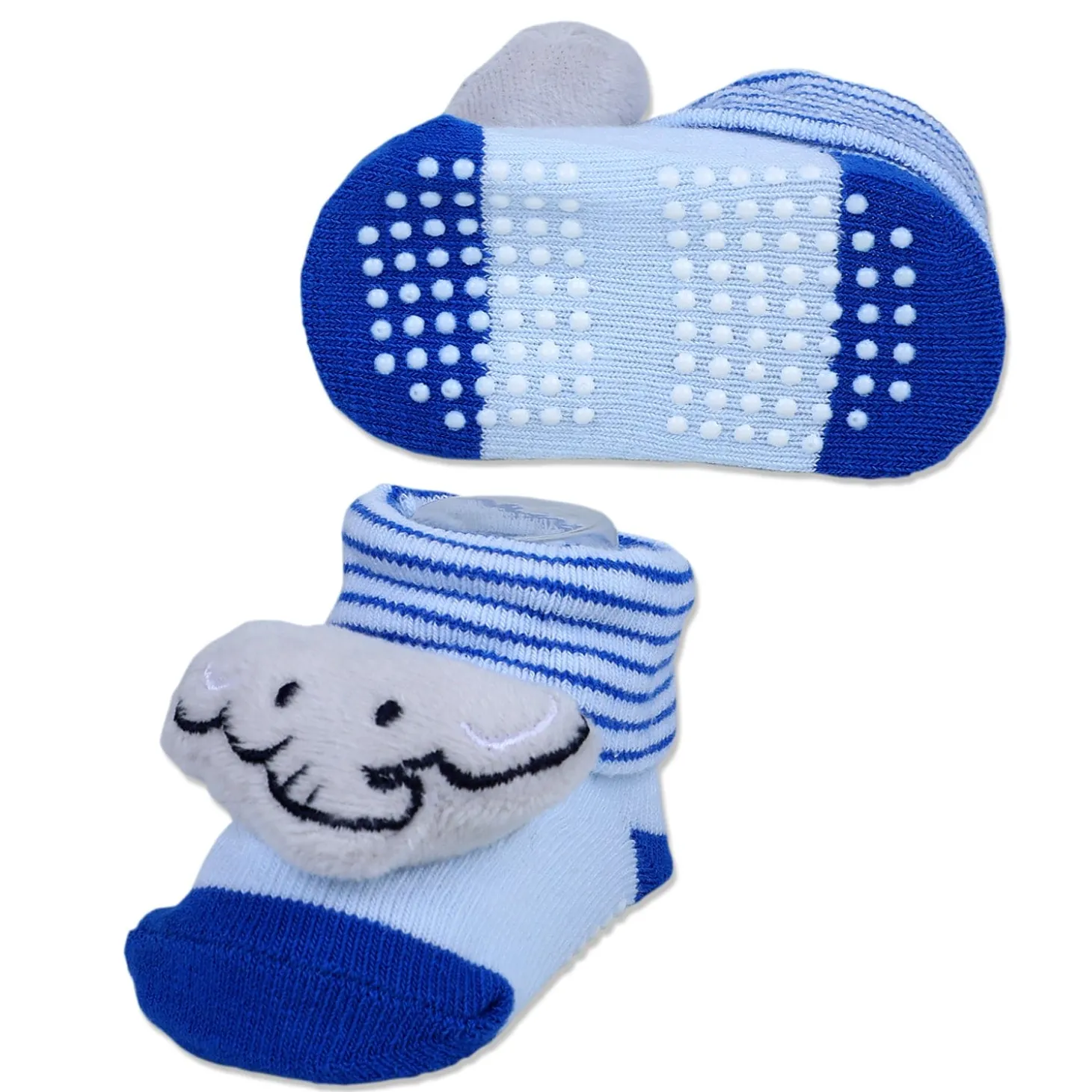 Baby Moo Elephant With Stripes Cotton Anti-Skid 3D Socks - Blue