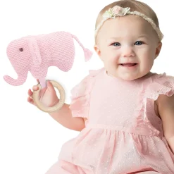 Baby Moo Elephant Wooden Teething Ring Soft Knitted Handheld Rattle - Pink