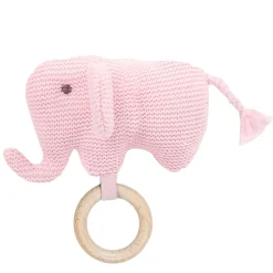 Baby Moo Elephant Wooden Teething Ring Soft Knitted Handheld Rattle - Pink