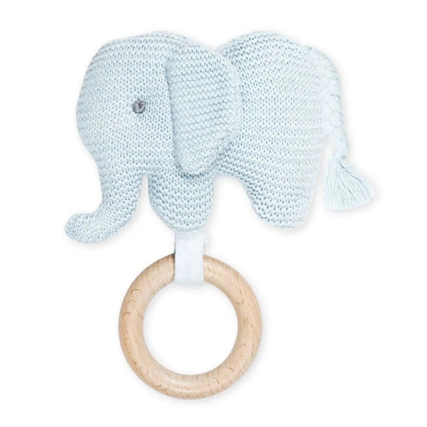 Baby Moo Elephant Wooden Teething Ring Soft Knitted Handheld Rattle - Blue