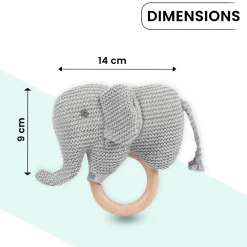 Baby Moo Elephant Wooden Teething Ring Soft Knitted Handheld Rattle - Grey