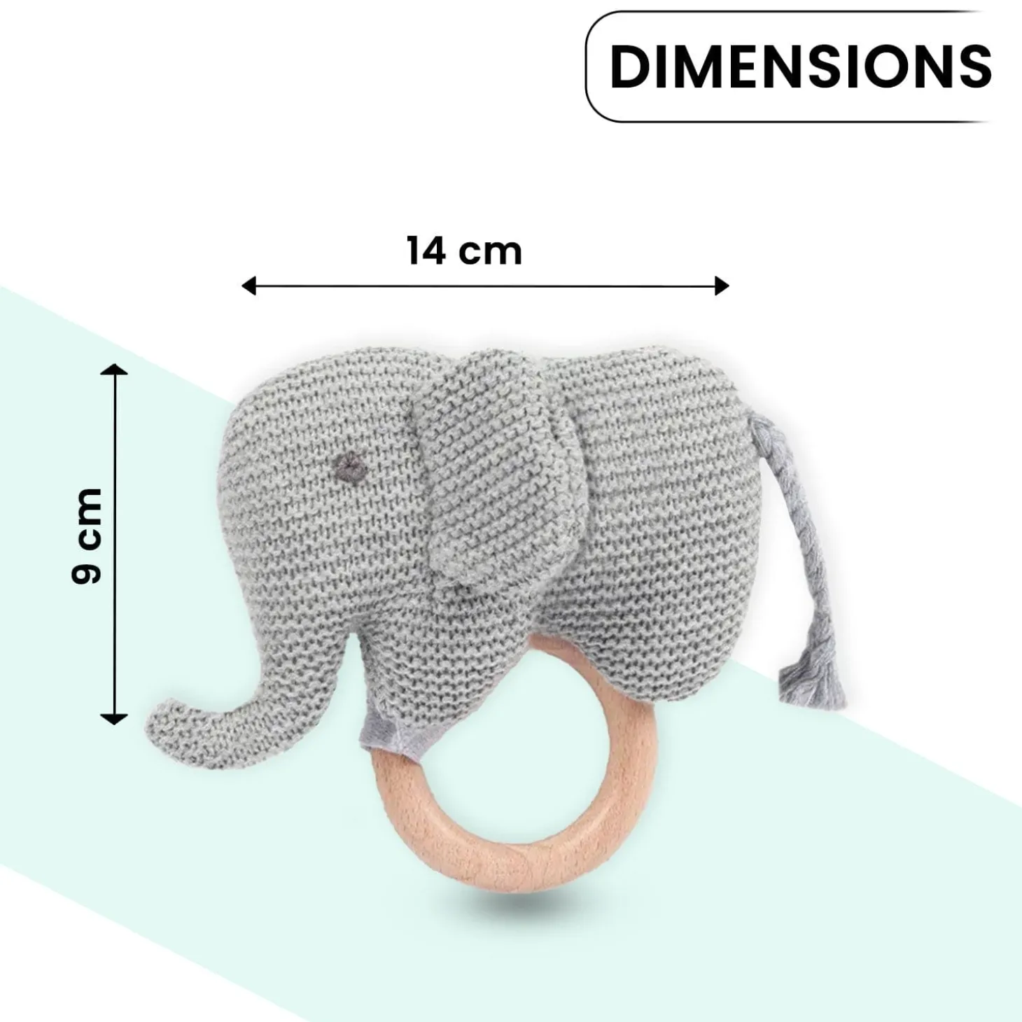 Baby Moo Elephant Wooden Teething Ring Soft Knitted Handheld Rattle - Grey