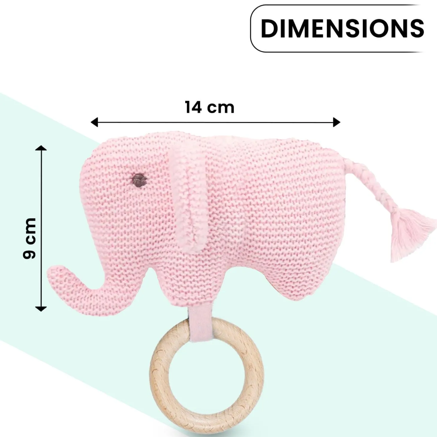 Baby Moo Elephant Wooden Teething Ring Soft Knitted Handheld Rattle - Pink