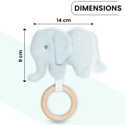 Baby Moo Elephant Wooden Teething Ring Soft Knitted Handheld Rattle - Blue