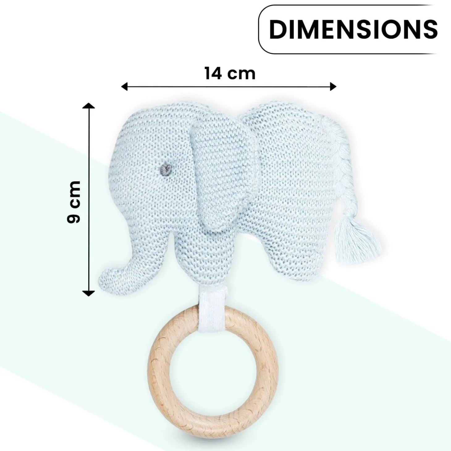 Baby Moo Elephant Wooden Teething Ring Soft Knitted Handheld Rattle - Blue