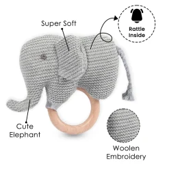 Baby Moo Elephant Wooden Teething Ring Soft Knitted Handheld Rattle - Grey
