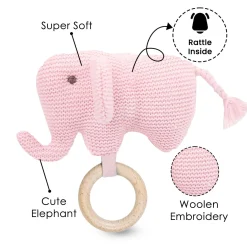 Baby Moo Elephant Wooden Teething Ring Soft Knitted Handheld Rattle - Pink