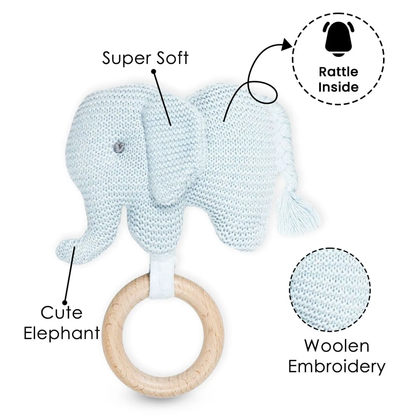 Baby Moo Elephant Wooden Teething Ring Soft Knitted Handheld Rattle - Blue
