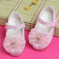 Baby Moo Embellished Bow Sequin Mary Jane Velcro Strap Anti-Skid Ballerina Shoes - Pink
