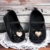 Baby Moo Embellished Bow Glittery Heart Anti-Skid Ballerina Booties - Black
