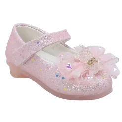Baby Moo Embellished Bow Sequin Mary Jane Velcro Strap Anti-Skid Ballerina Shoes - Pink