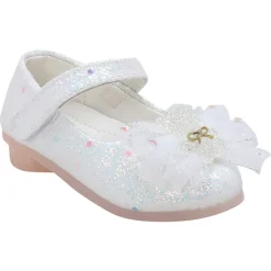 Baby Moo Embellished Bow Sequin Mary Jane Velcro Strap Anti-Skid Ballerina Shoes - White
