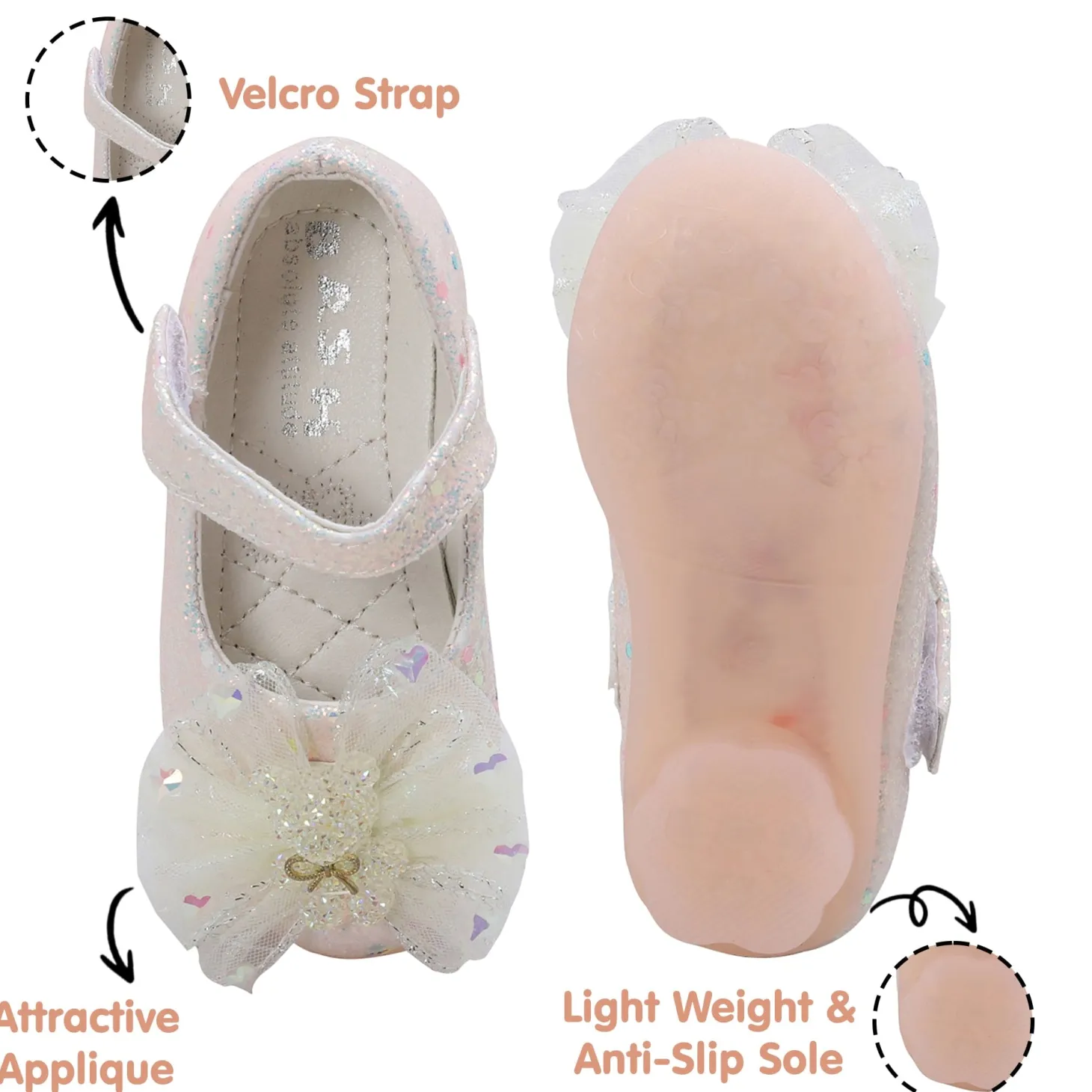 Baby Moo Embellished Bow Sequin Mary Jane Velcro Strap Anti-Skid Ballerina Shoes - Gold