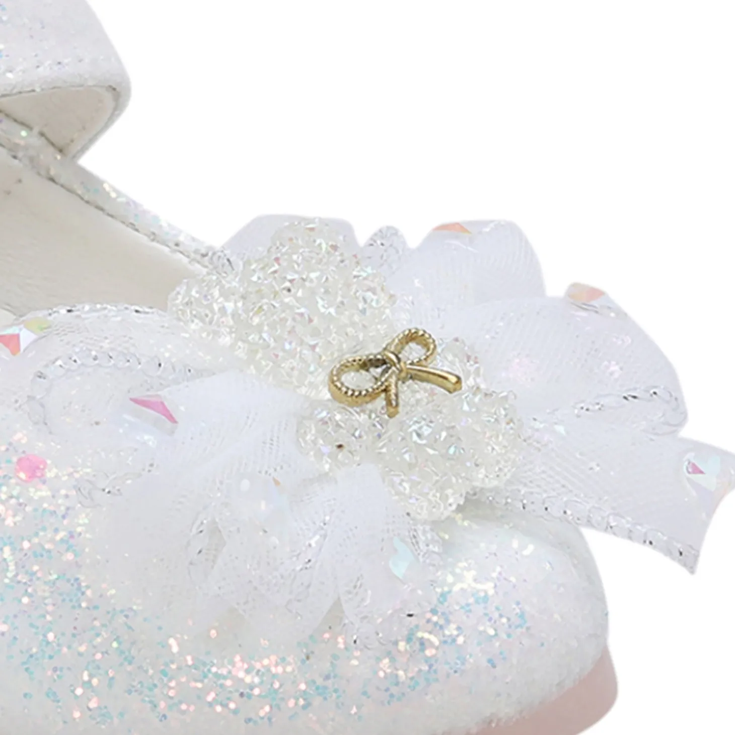 Baby Moo Embellished Bow Sequin Mary Jane Velcro Strap Anti-Skid Ballerina Shoes - White