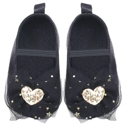 Baby Moo Embellished Bow Glittery Heart Anti-Skid Ballerina Booties - Black