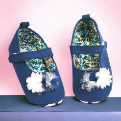 Baby Moo Embellished Flower Anti-Skid Ballerina Booties - Navy Blue