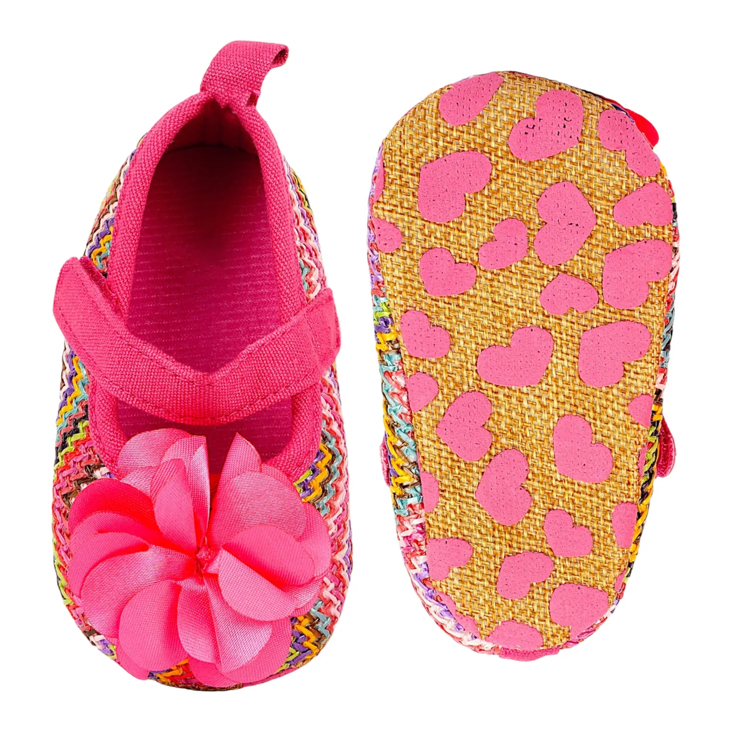 Baby Moo Embellished Flower Colourful Woven Anti-Skid Ballerina Booties - Pink