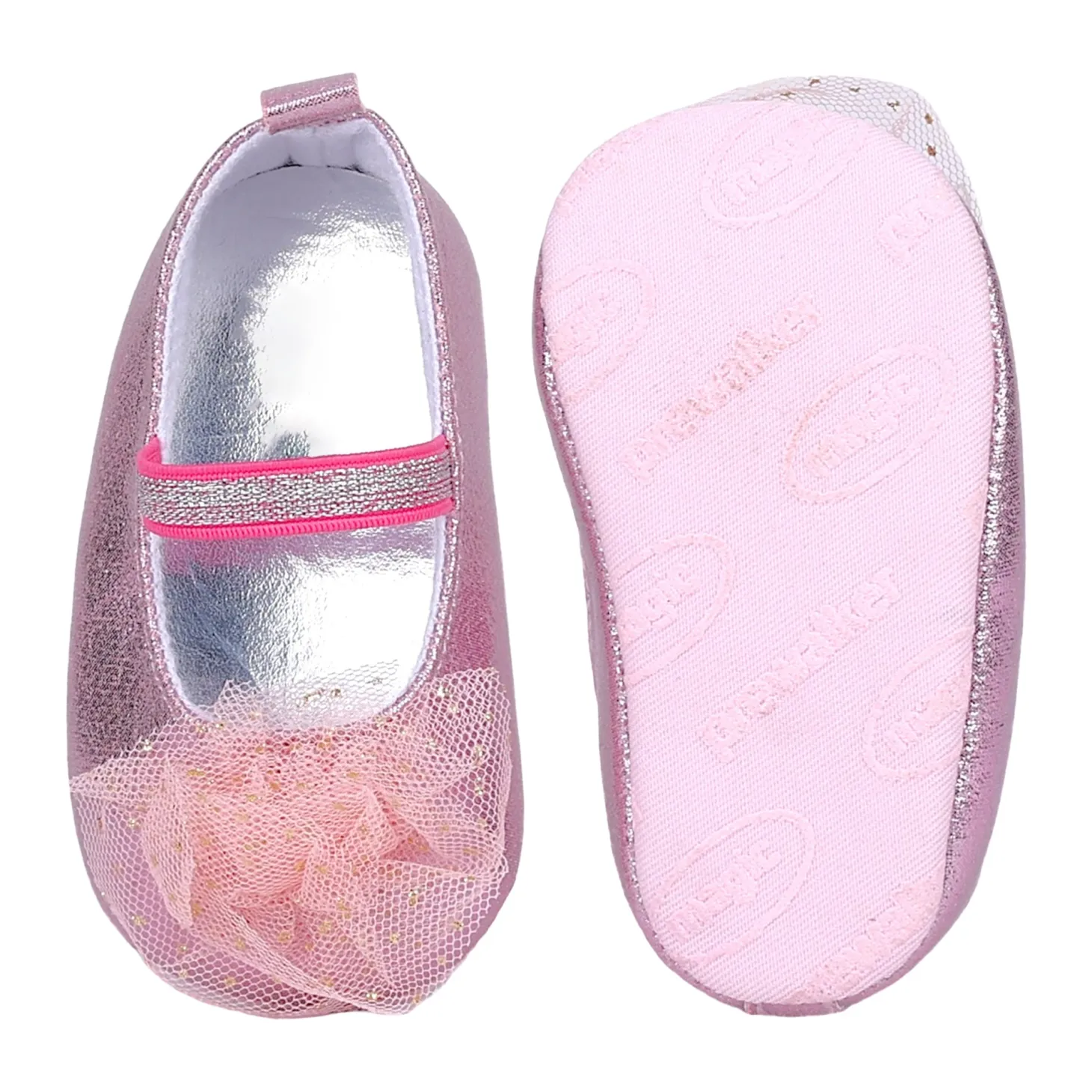 Baby Moo Embellished Flower Elastic Strap Gllittery Ballerina Booties - Pink, Metallic