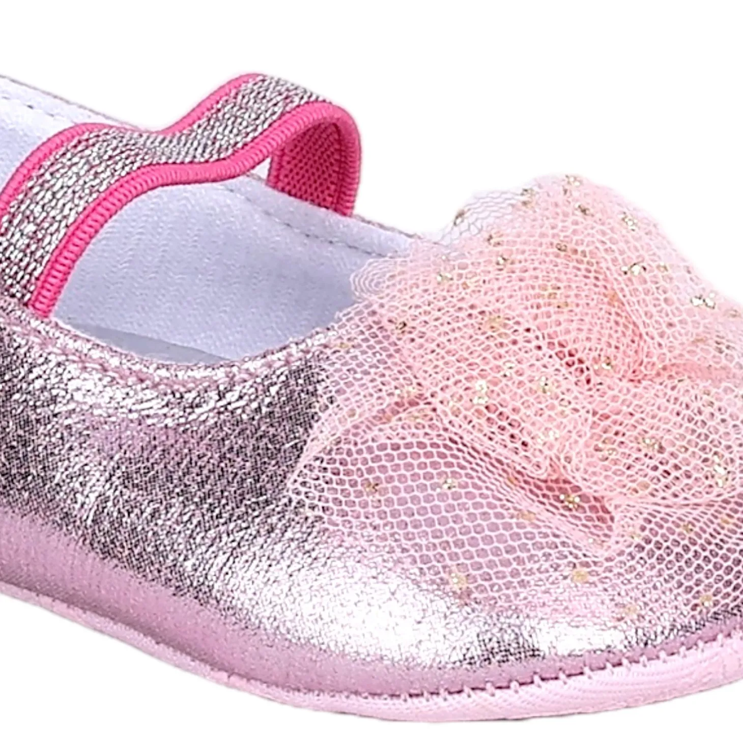 Baby Moo Embellished Flower Elastic Strap Gllittery Ballerina Booties - Pink, Metallic