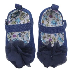 Baby Moo Embellished Flower Velcro Strap Denim Ballerina Booties - Navy Blue