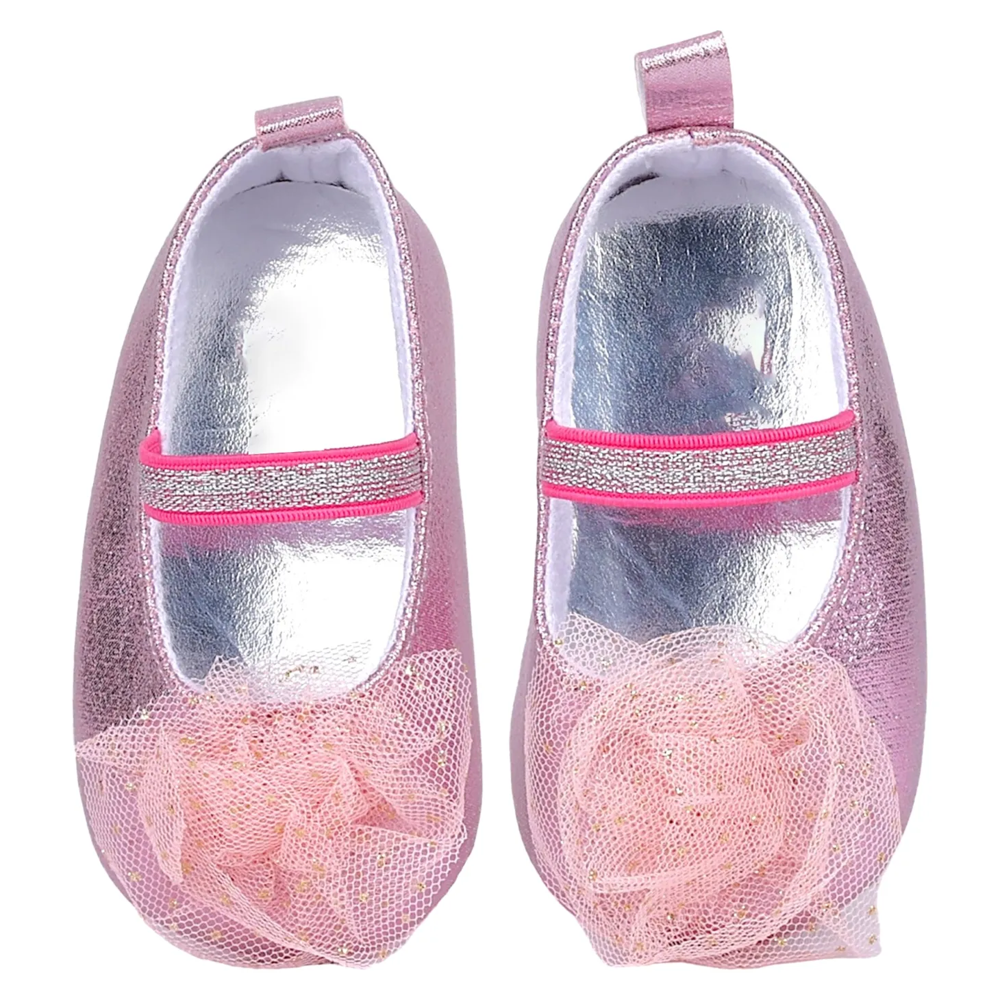 Baby Moo Embellished Flower Elastic Strap Gllittery Ballerina Booties - Pink, Metallic