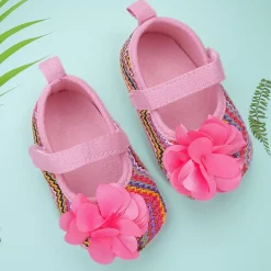 Baby Moo Embellished Petals Colourful Woven Anti-Skid Ballerina Booties - Pink