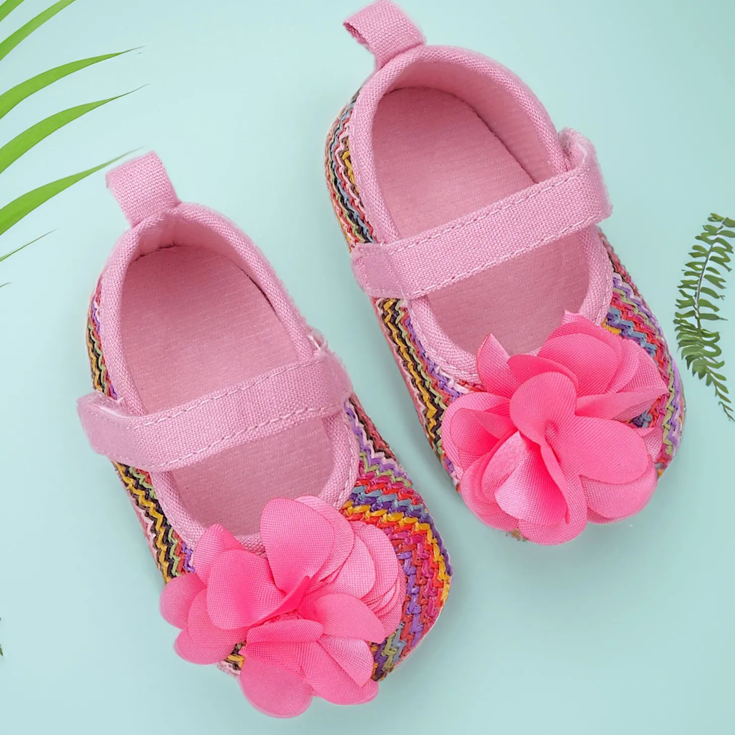 Baby Moo Embellished Petals Colourful Woven Anti-Skid Ballerina Booties - Pink