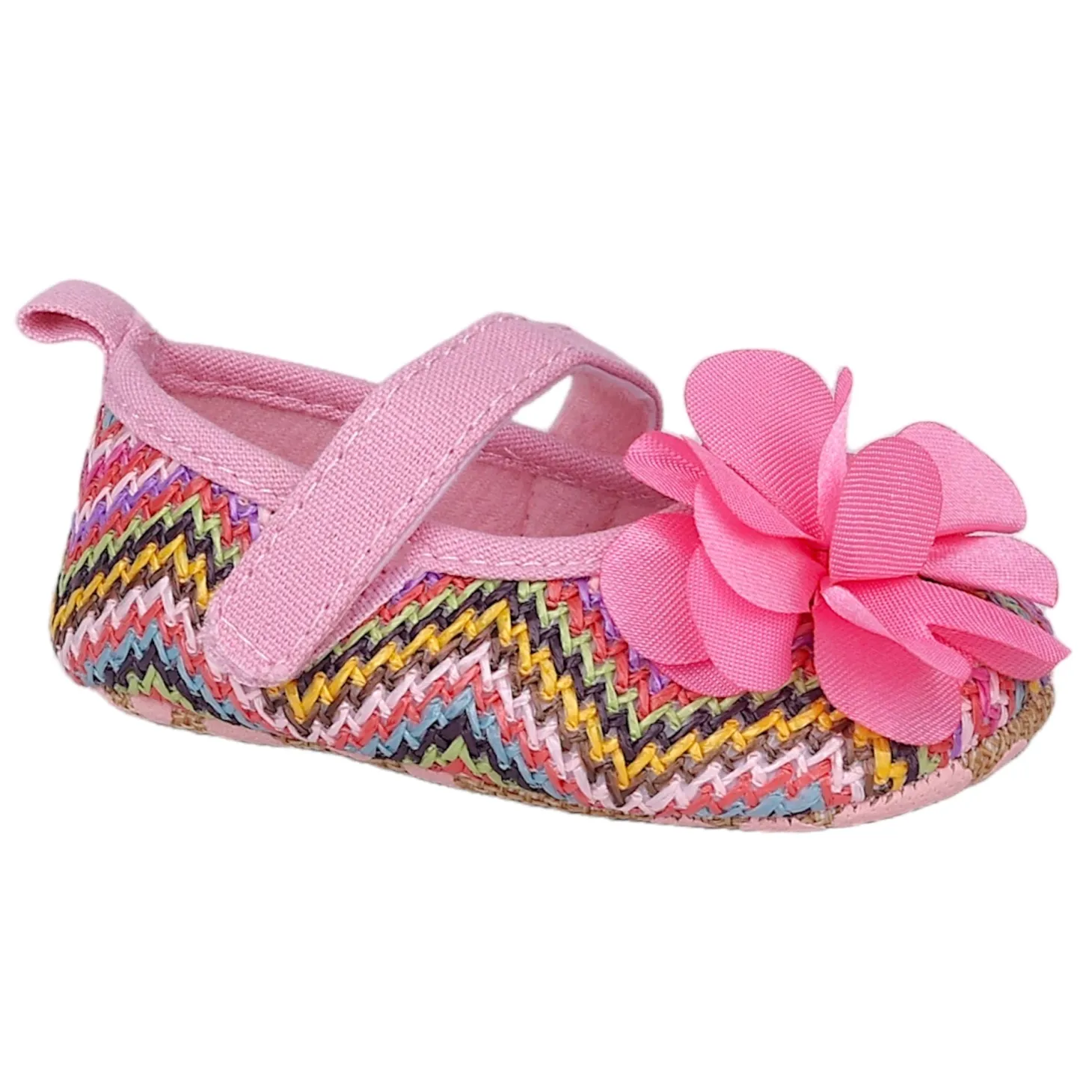 Baby Moo Embellished Petals Colourful Woven Anti-Skid Ballerina Booties - Pink