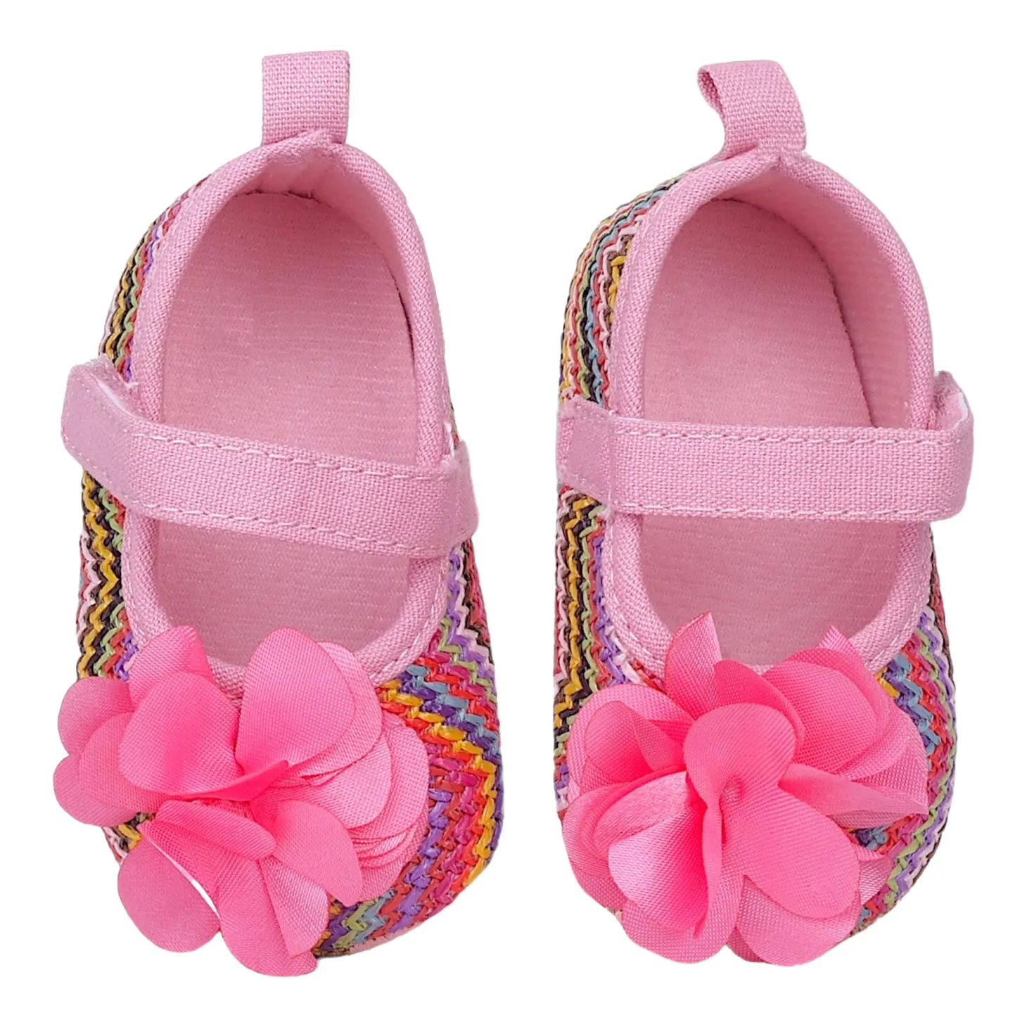 Baby Moo Embellished Petals Colourful Woven Anti-Skid Ballerina Booties - Pink
