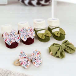 Baby Moo Fall Botanical Infant Girl 4-Piece Gift Hairband And Socks Set - Green