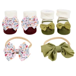 Baby Moo Fall Botanical Infant Girl 4-Piece Gift Hairband And Socks Set - Green