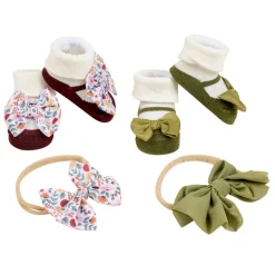 Baby Moo Fall Botanical Infant Girl 4-Piece Gift Hairband And Socks Set - Green