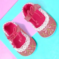 Baby Moo Fancy Floral Embroidered Velcro Straps Anti-Skid Booties - Peach