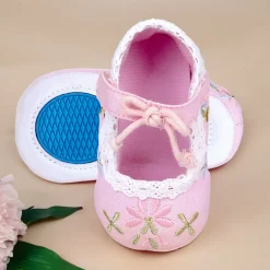 Baby Moo Fancy Floral Embroidered Velcro Straps Anti-Skid Booties - Pink