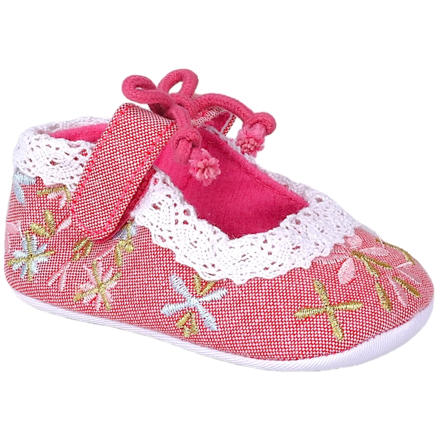 Baby Moo Fancy Floral Embroidered Velcro Straps Anti-Skid Booties - Peach