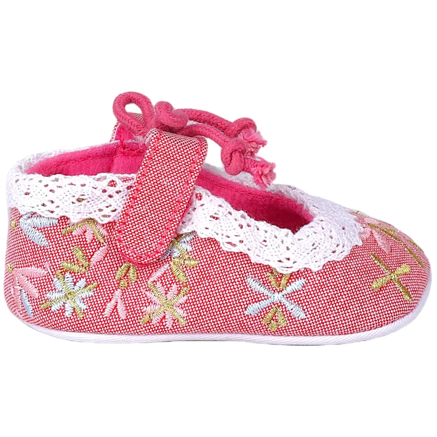 Baby Moo Fancy Floral Embroidered Velcro Straps Anti-Skid Booties - Peach