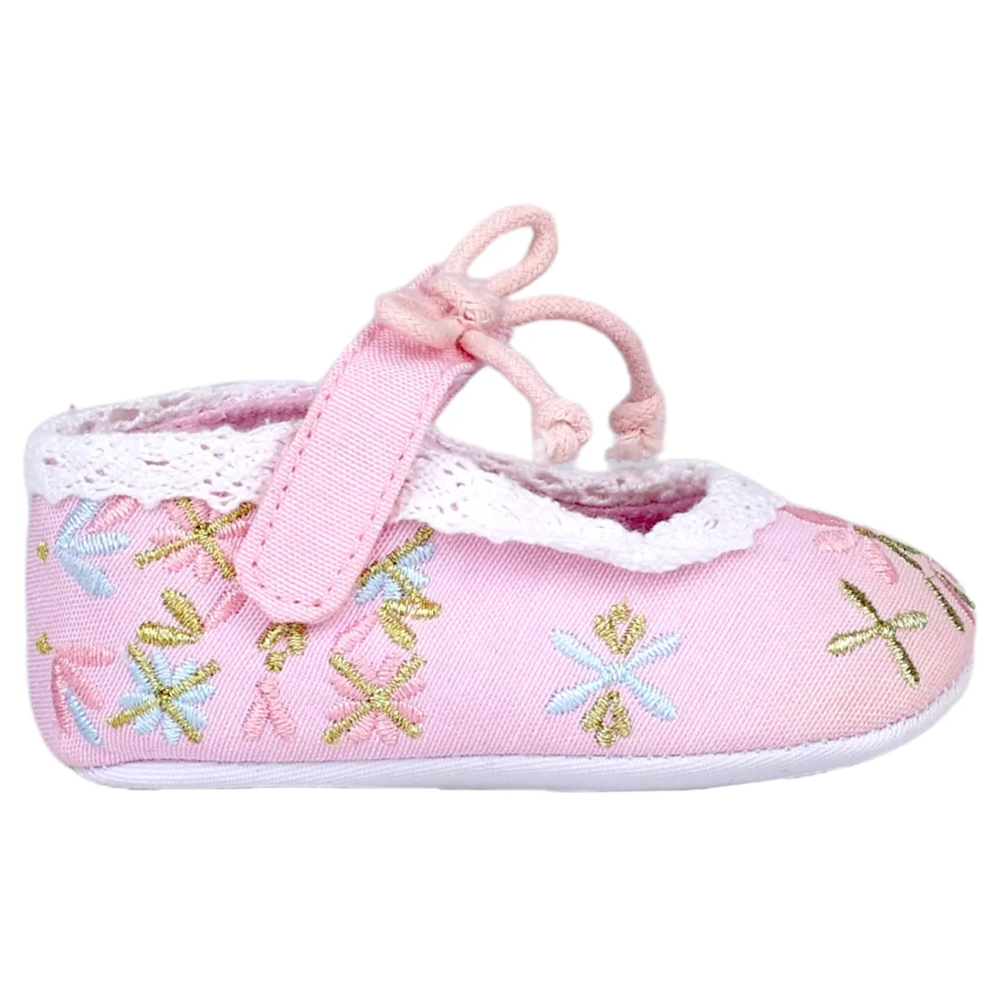Baby Moo Fancy Floral Embroidered Velcro Straps Anti-Skid Booties - Pink