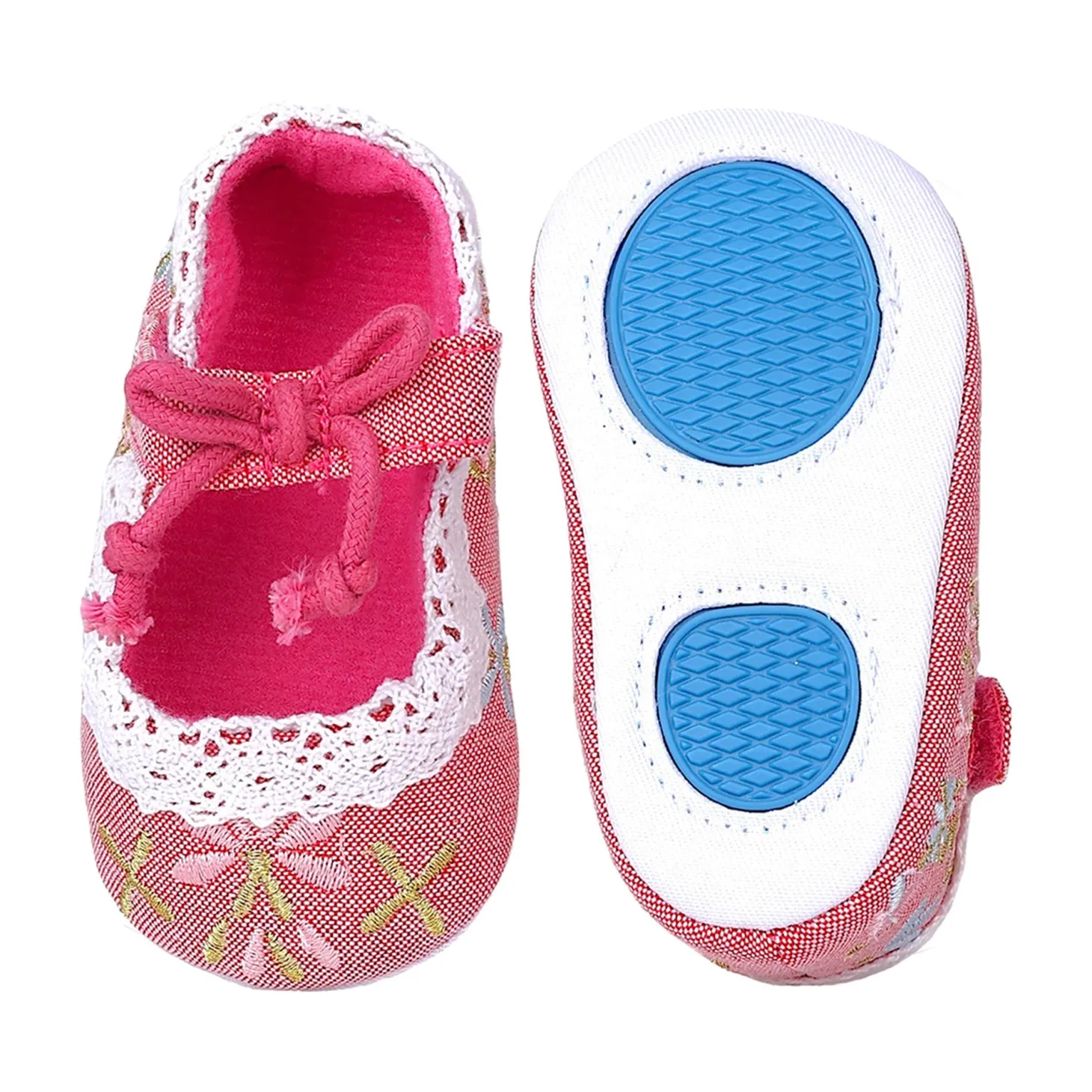 Baby Moo Fancy Floral Embroidered Velcro Straps Anti-Skid Booties - Peach